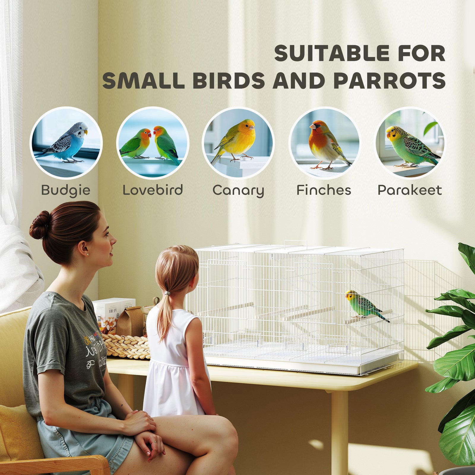 Bird Cage With Divider, 4 Wooden Perches, Slide Out Tray, White | White
