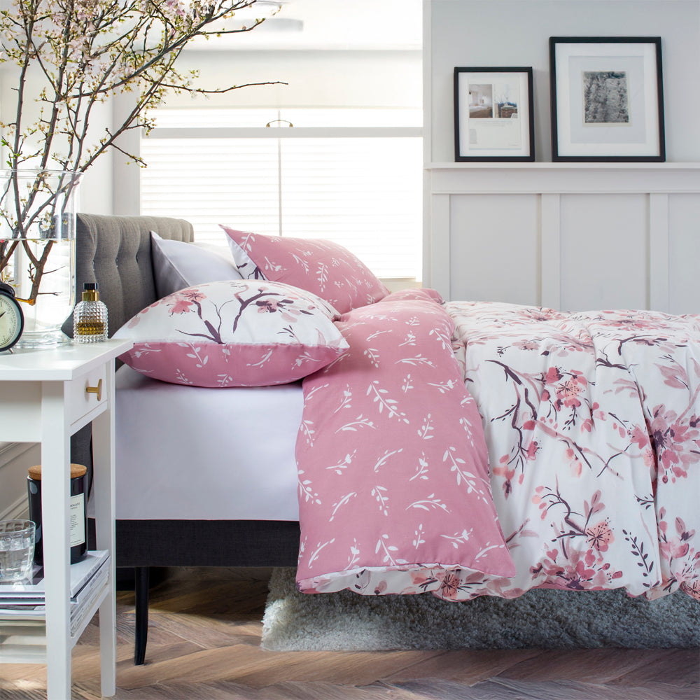 Cherry Blossom Pink Cotton Rich Reversible Duvet Cover Set | Double | Pink