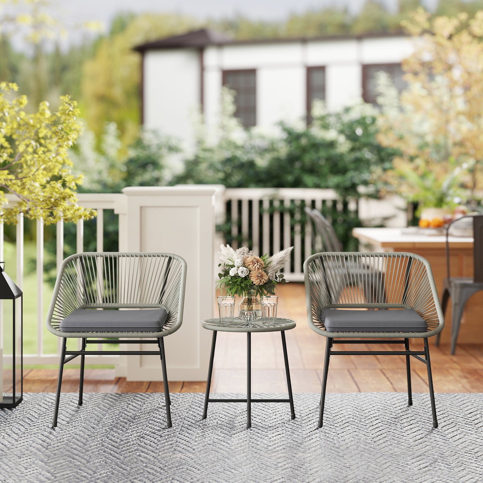 Rattan Bistro Set, Small Balcony Furniture With Cushion | Light Grey