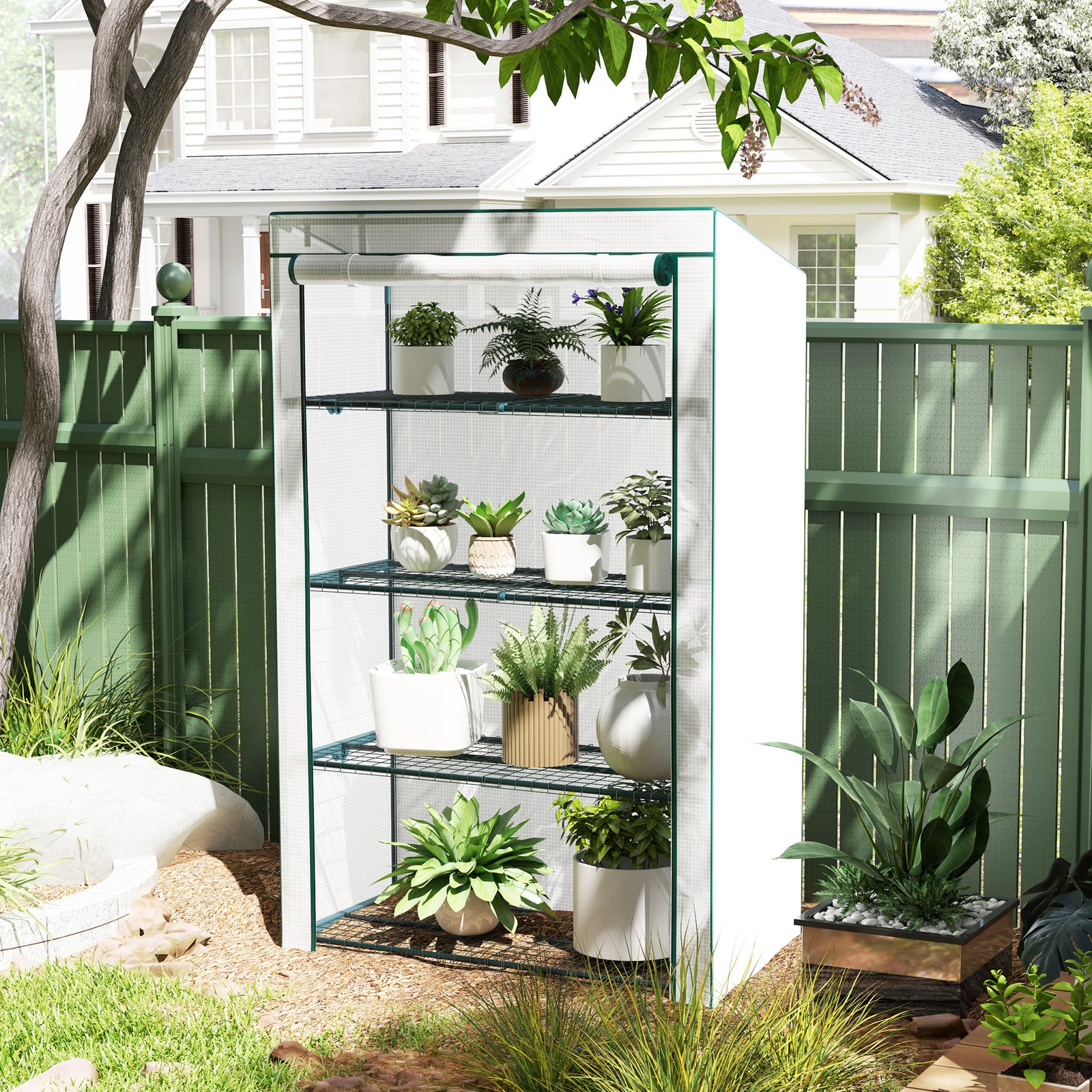 4 Tier Lean-to Mini Greenhouse W/ Reinforced Pe Cover | Green