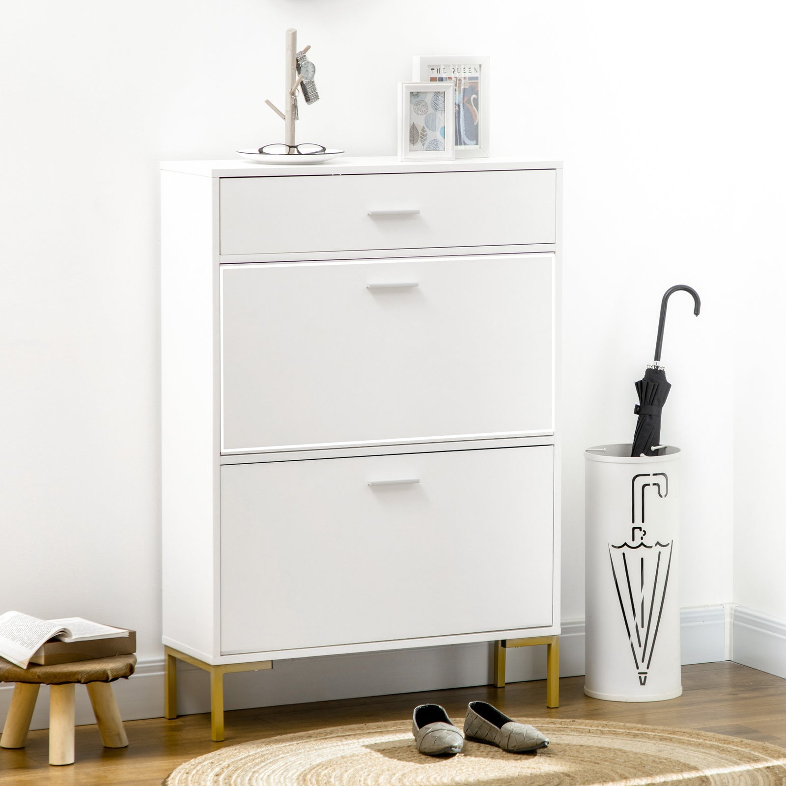 Shoe Storage Cupboard With 2 Flip Doors Sliding Out Drawer | One Size | White