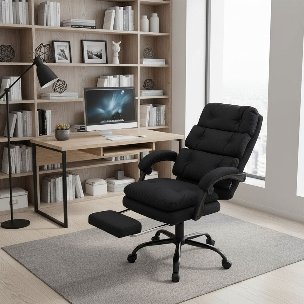 Ergonomic Black Linen Office Chair – Recline 135°, Retractable Footrest, Adjustable Height, Swivel Base