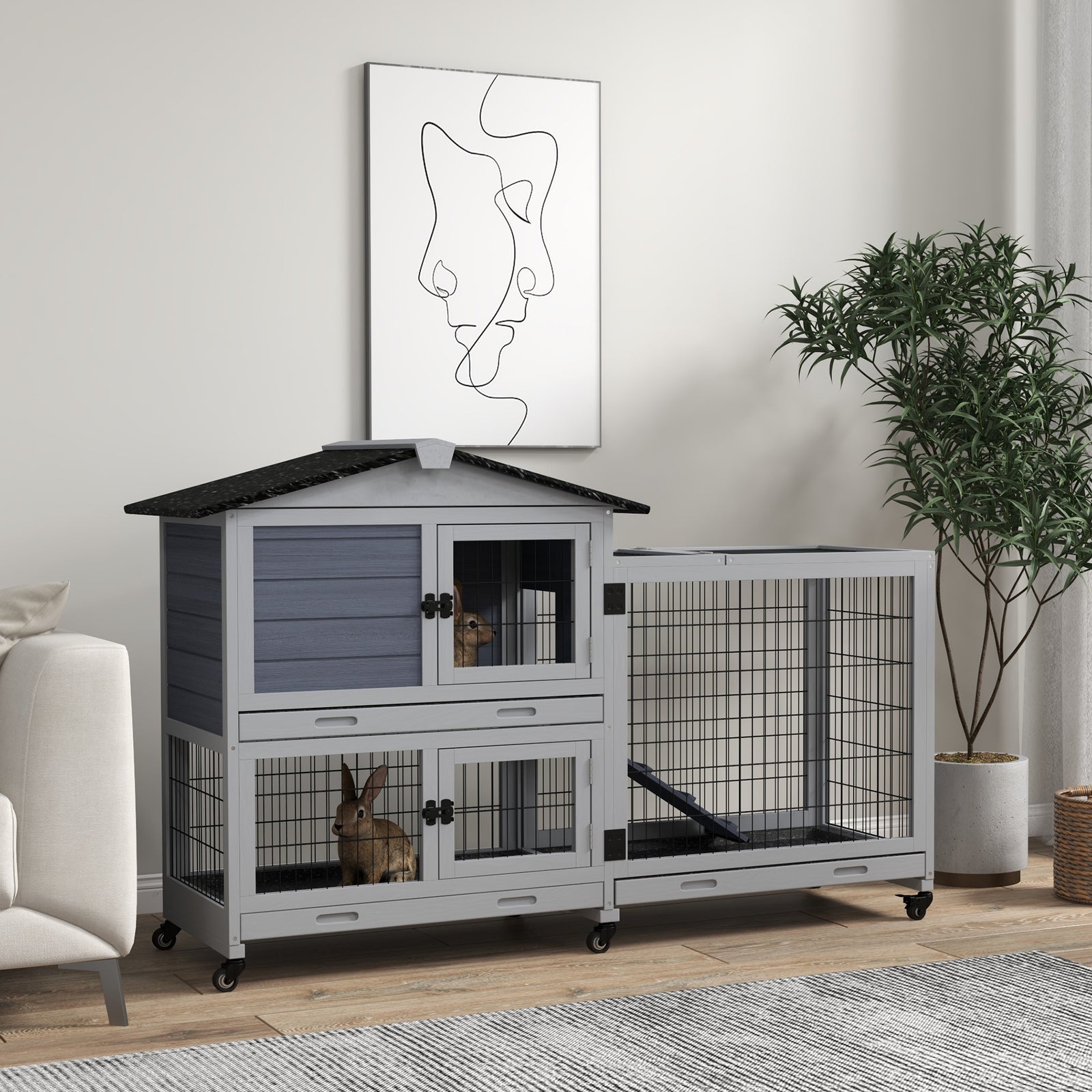 Large Rabbit Hutch Outdoor Indoor W/ Wheels, Three Slide-out Trays, Ramp