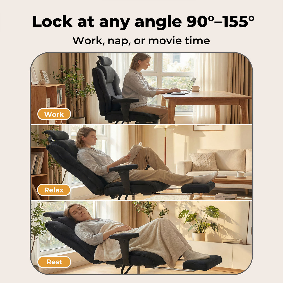 Ergonomic Office Chair Suede Fabric Wide Seat 155° Recline Footrest | Black