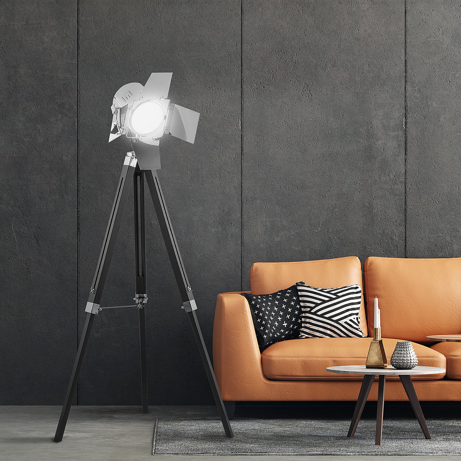 HOMCOM Vintage Tripod Floor Lamp Wood Cinema Searchlight Adjustable