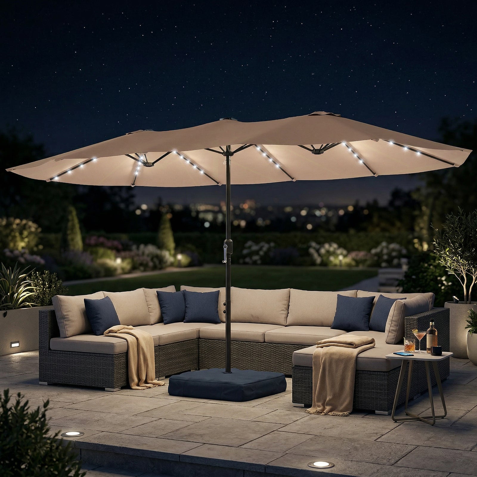 Double Sided Garden Parasol W/ 60 Solar Led Lights 4.5m | Khaki