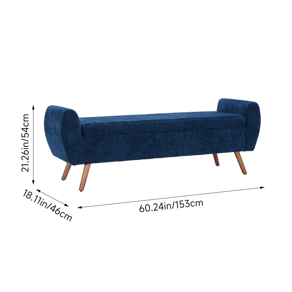 Chenille Upholstered Storage Bench – Extra Long Entryway Bench With Hidden Compartment, 153 X 46 X 54 Cm | Blue