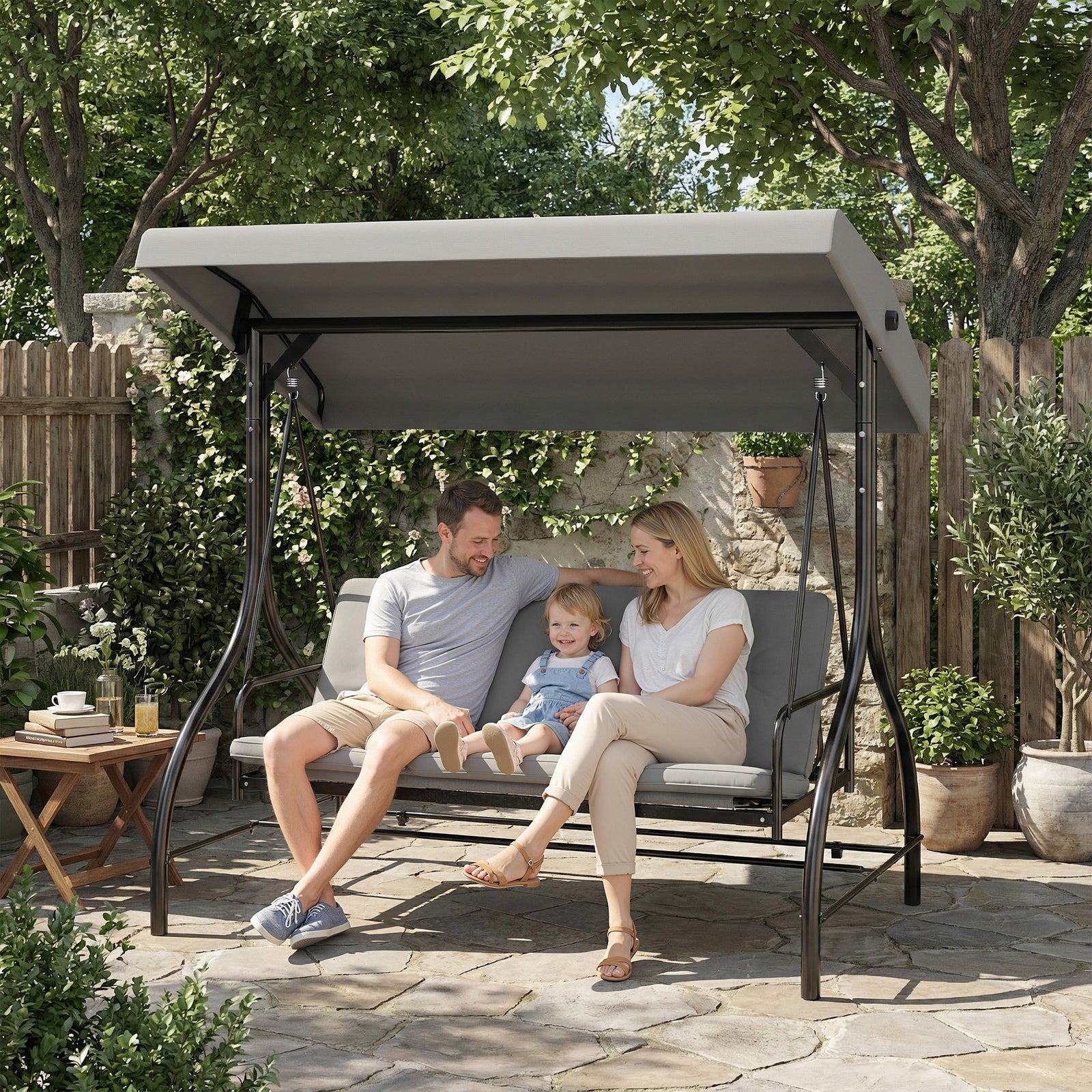 3 Seater Canopy Swing Chair Porch Hammock Bed | Light Grey