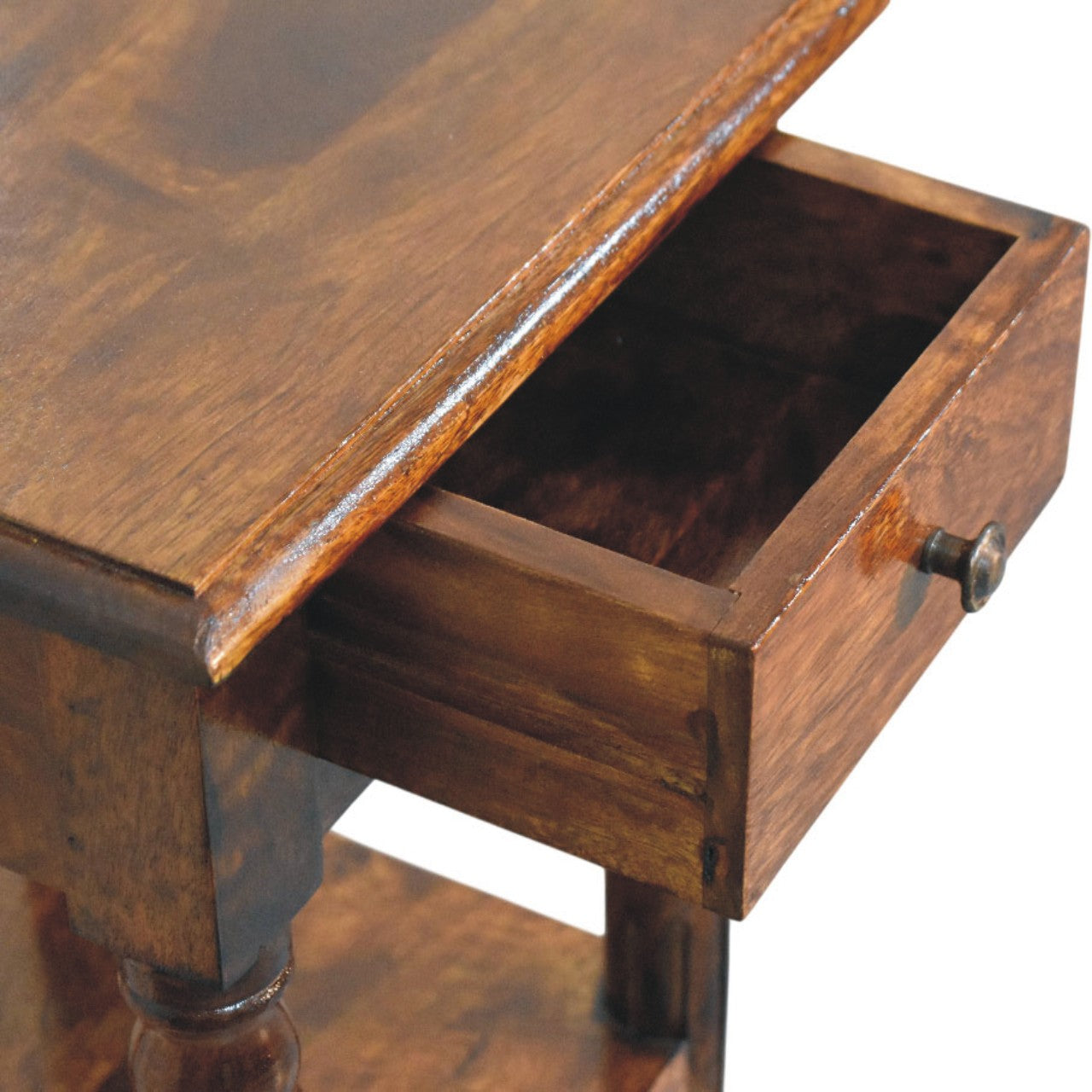 Tall Turned Leg Side Table, 1 Drawer, 2 Open Shelves, Dark Brown | 3 | Brown