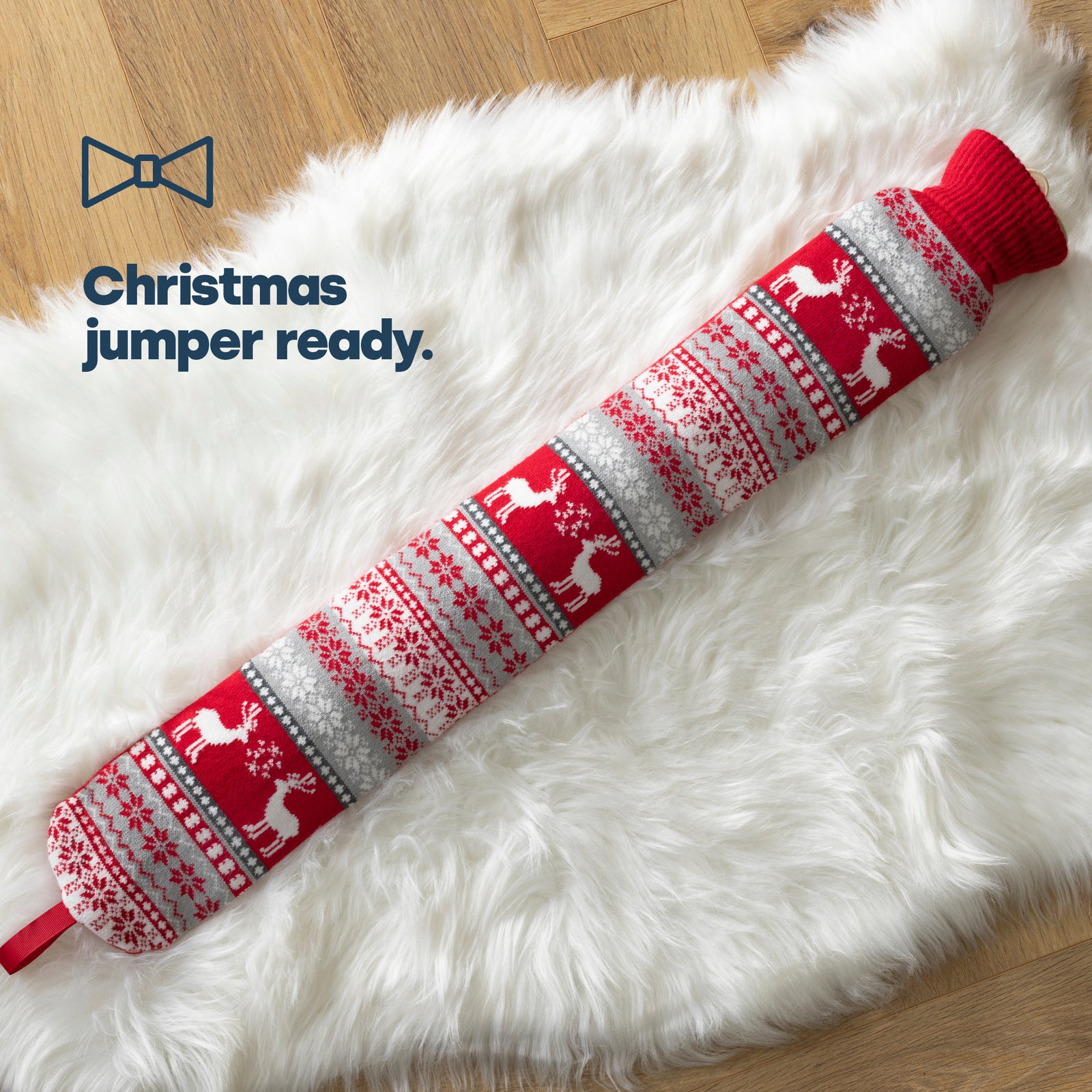 Livivo 2l Long Hot Water Bottle With Red Festive Knitted Washable Cover