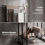 Towel Rail Metal Rack With Basket 3-tier Storage Anti-slip Foot Black | Black
