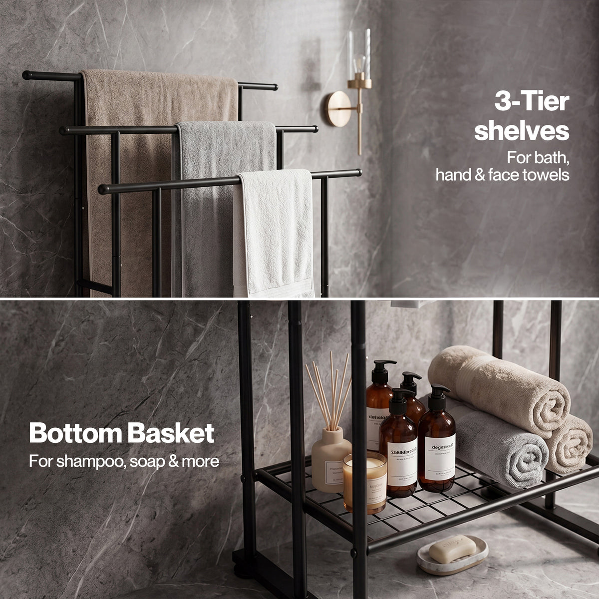 Towel Rail Metal Rack With Basket 3-tier Storage Anti-slip Foot Black | Black