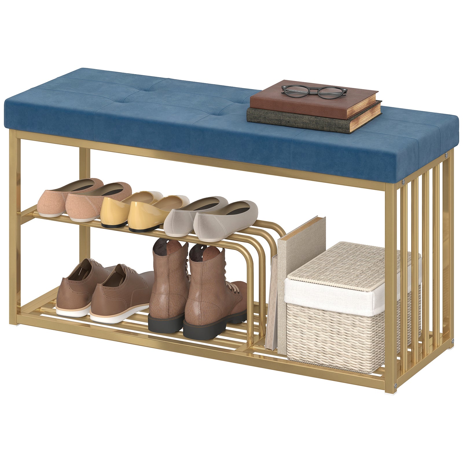 Shoe Storage Bench With Seat Cushion Tufted Shoe Rack Bench | Dark Blue