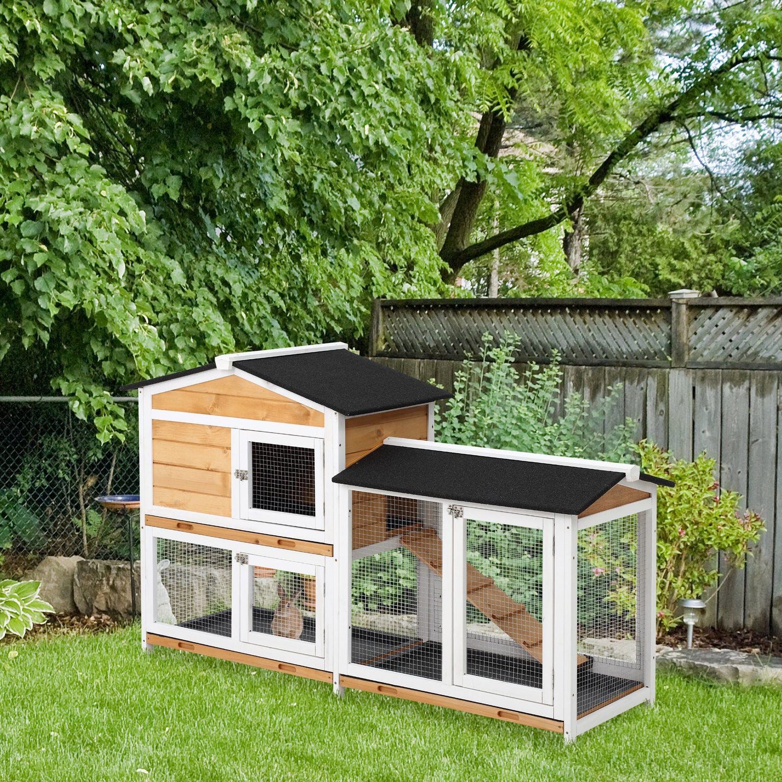 2-tier Wooden Rabbit Hutch Guinea Pig House Pet Cage Outdoor W/ Tray Ramp | Yellow