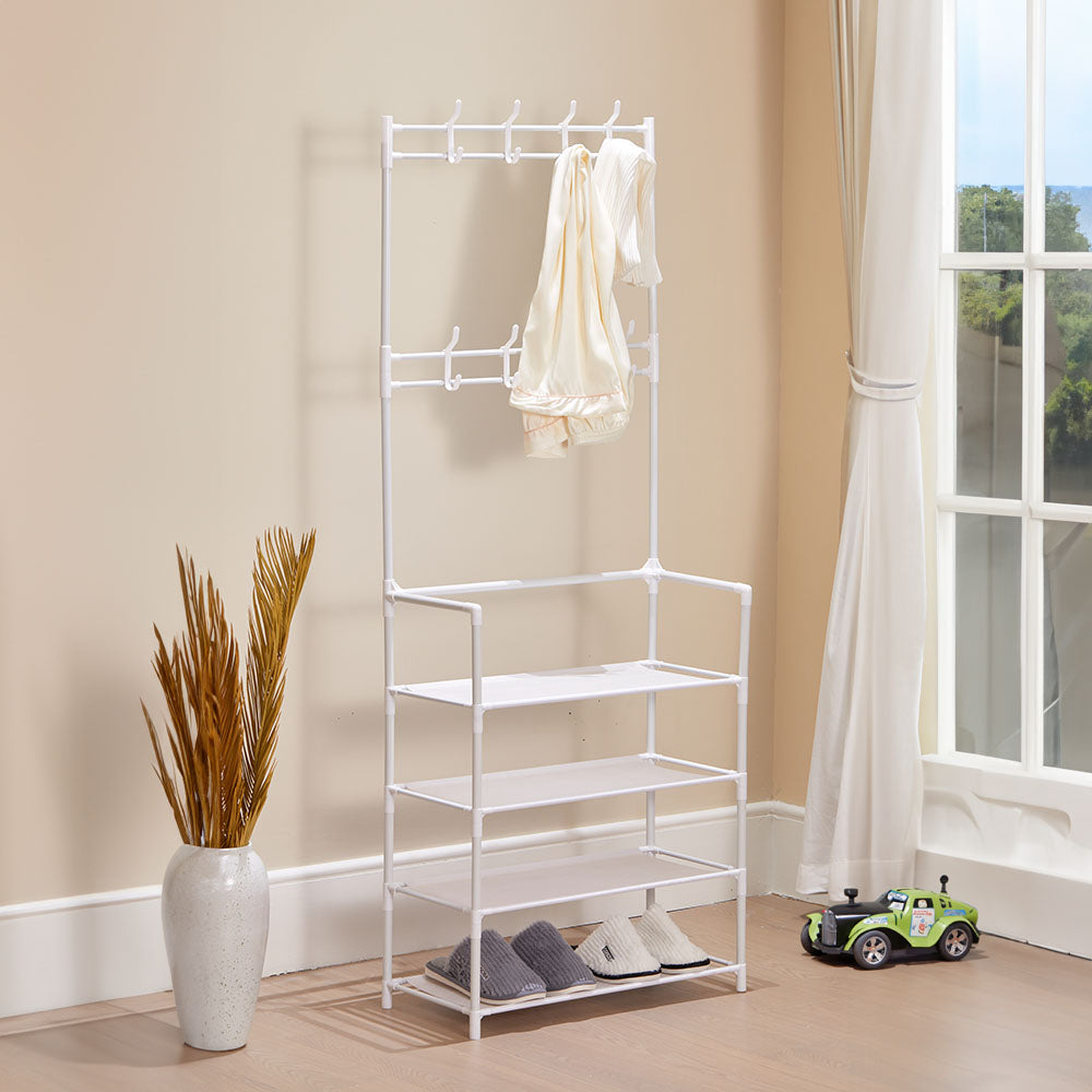 Entryway 4 Tier Shoe Rack With Coat Hanger | White