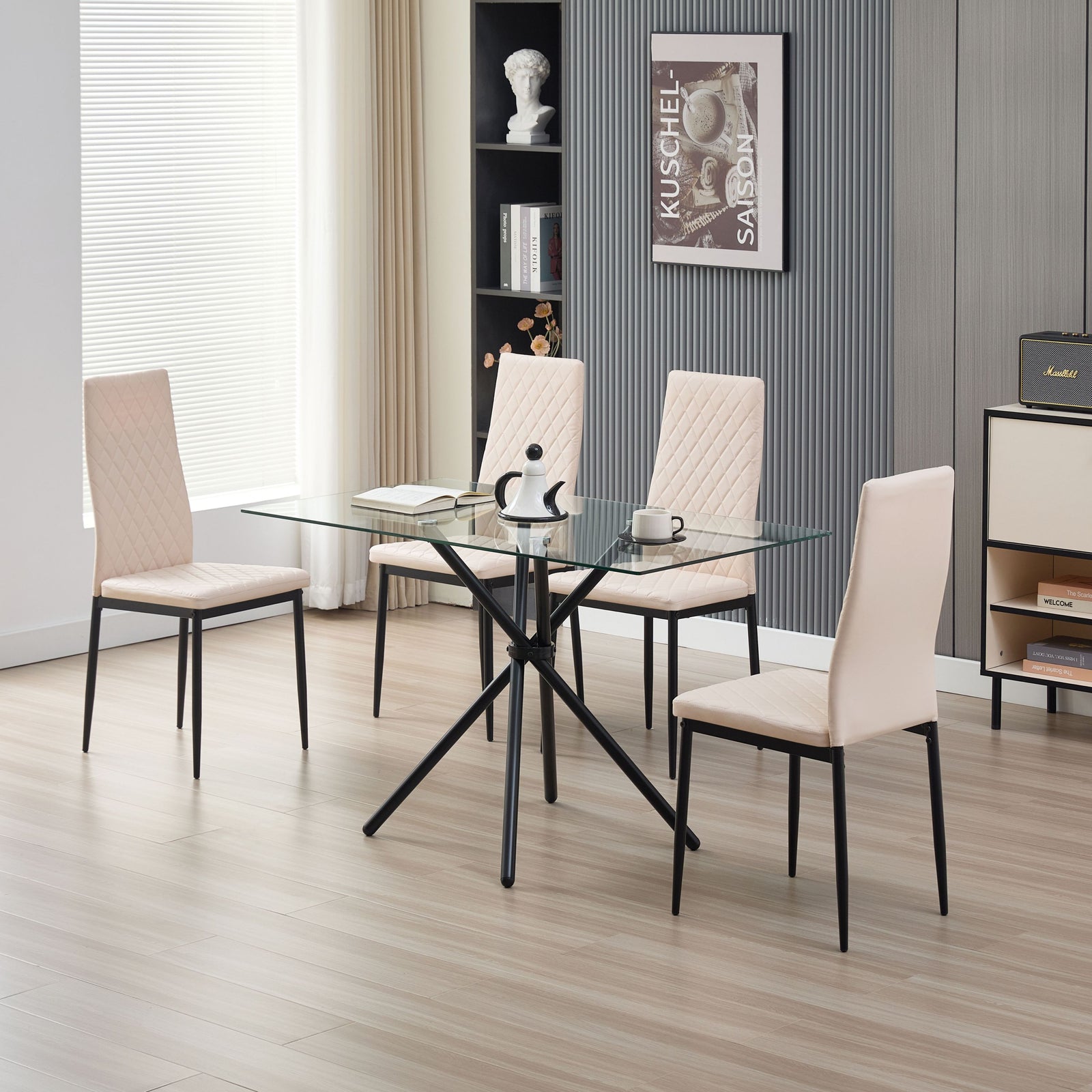 Miami Dining Table With 4 Emily Leather Chairs | Champagne