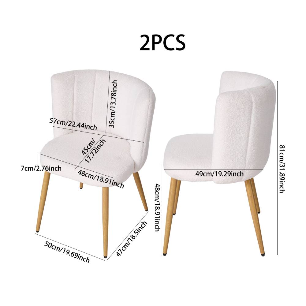 Set Of 2 Teddy Fleece Dining Chairs – Quilted White Upholstery, Wooden Frame With Iron Legs