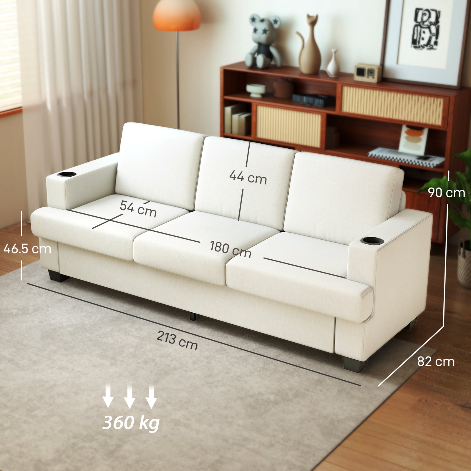 3 Seater Sofa, Fabric Sofa With Usb Ports And Cup Holders | White