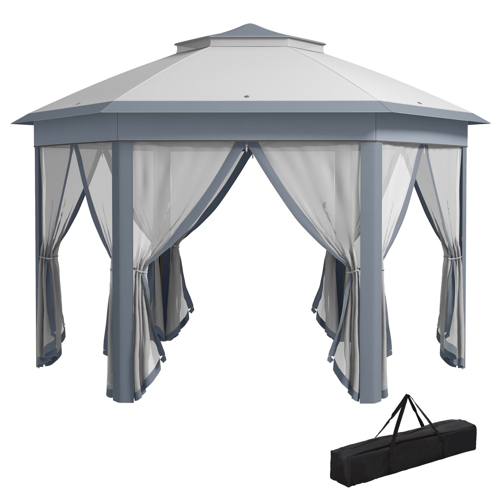 4x4m Hexagon Gazebo With Metal Frame Mesh Curtains Garden | Gray