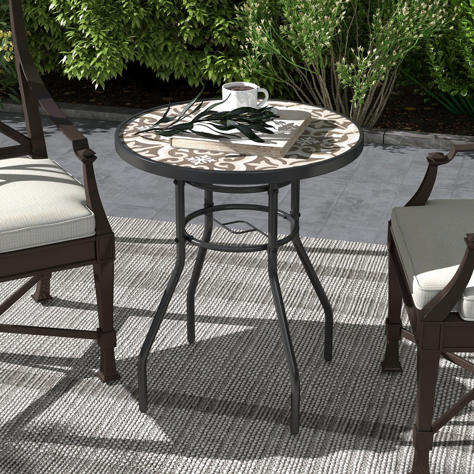 Garden Table W/ Tempered Glass Top, Steel Frame | Tan
