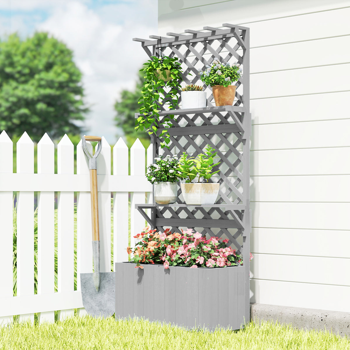 Outsunny Wooden Raised Planter With Trellis And 2 Shelves, Grey