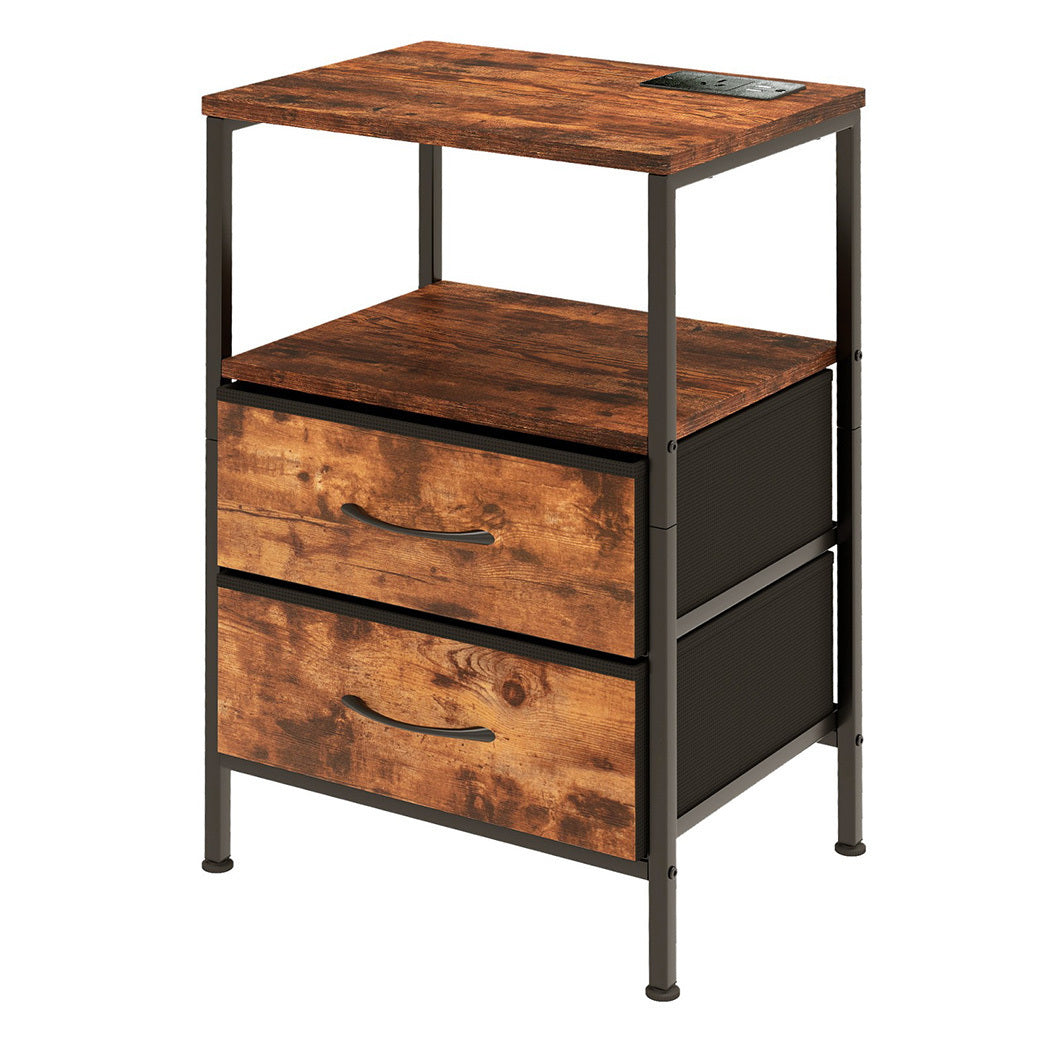 Led Bedside Table 2 Drawers Usb Ports Sofa End Table In Brown Black | Brown