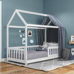 Homcom House-shaped Kids Bed Frame With Safety Fence For Boys Girls, White