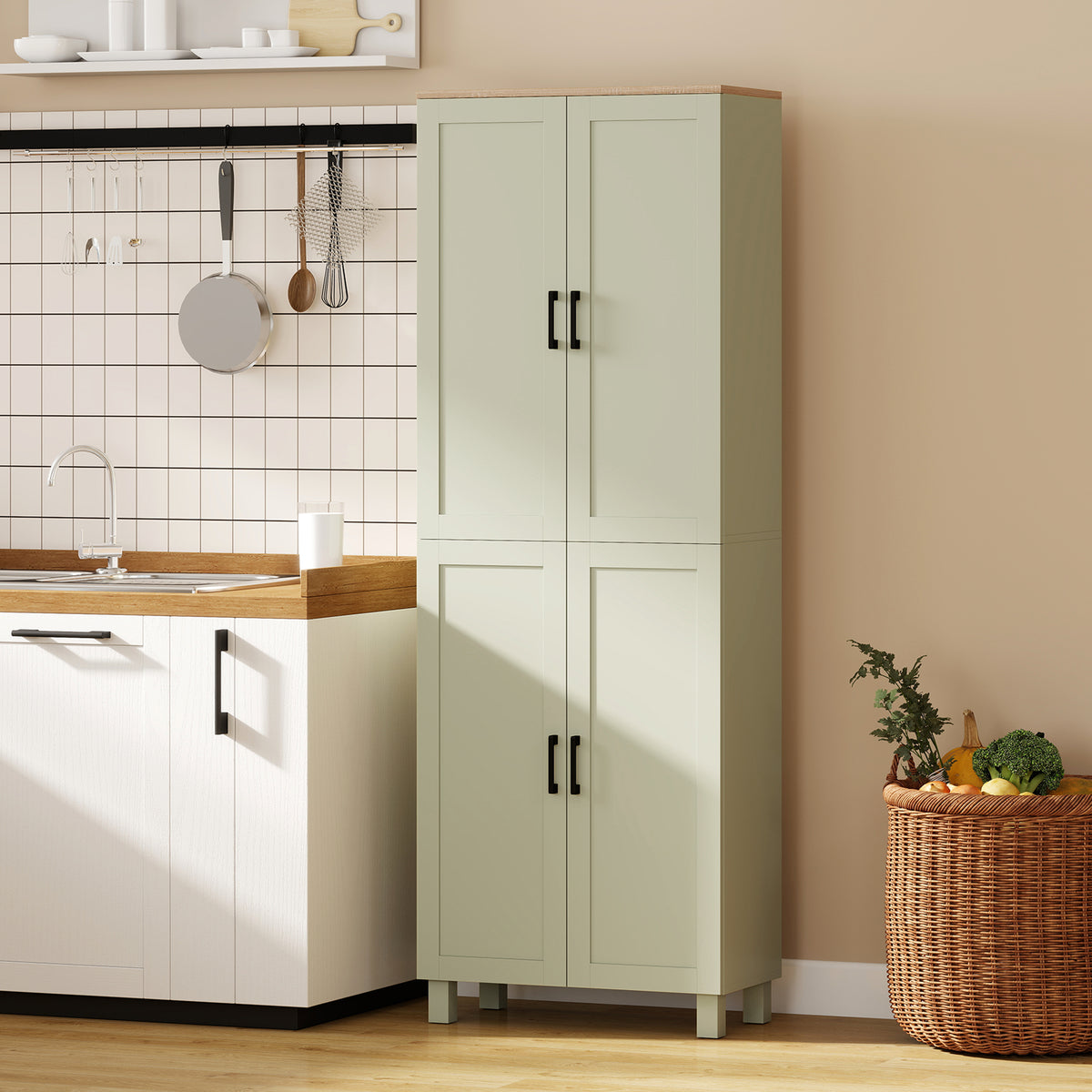 HOMCOM Modern Kitchen Cupboard Storage Cabinet With 6 Shelves, Green