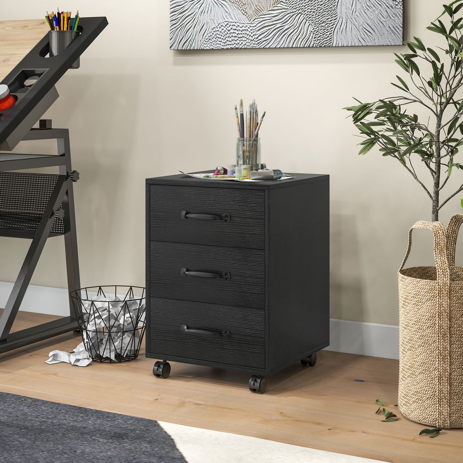Mobile File Cabinet With 3 Drawers Under Desk | One Size | Black