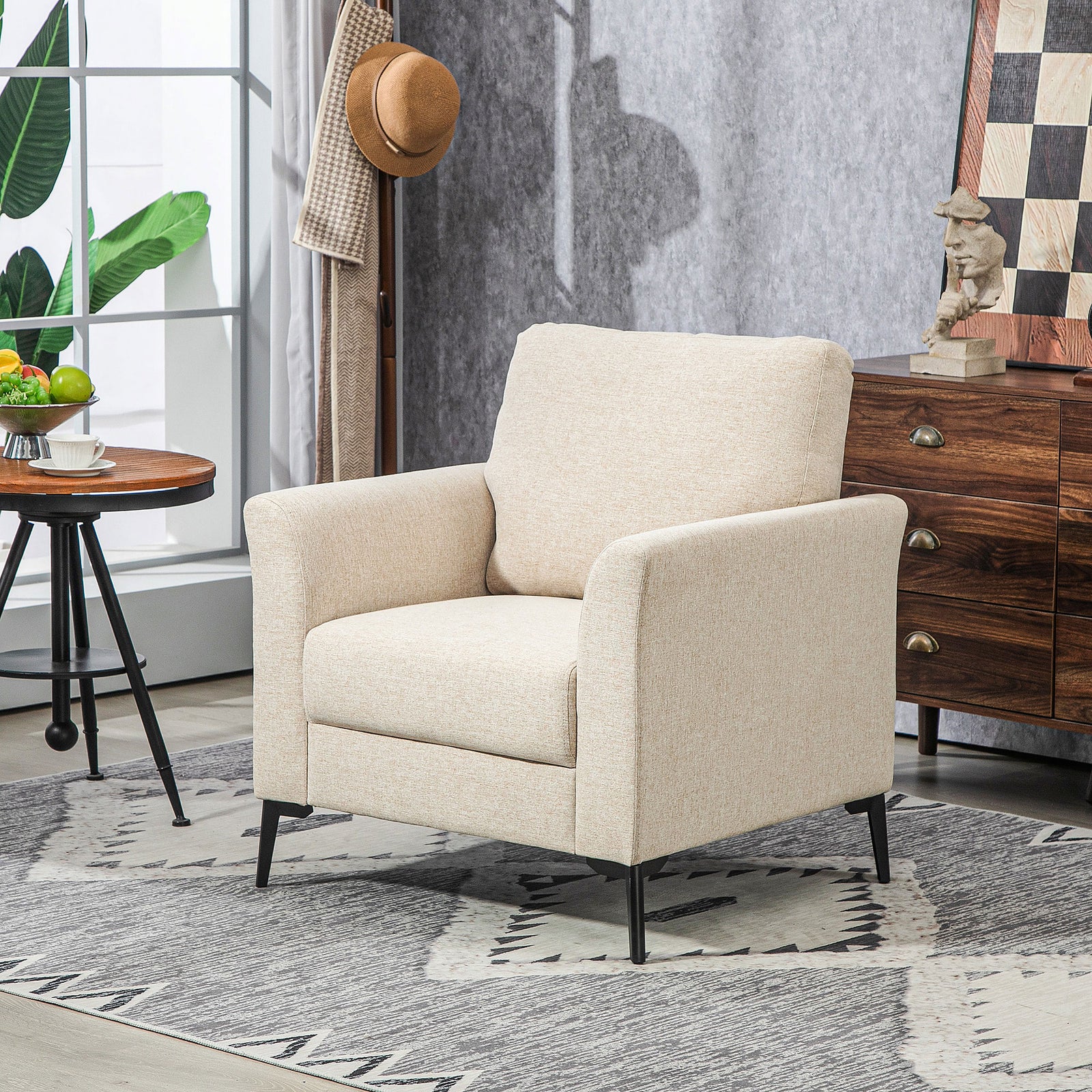 Linen Fabric Modern Sofa, Wood Frame, Beige