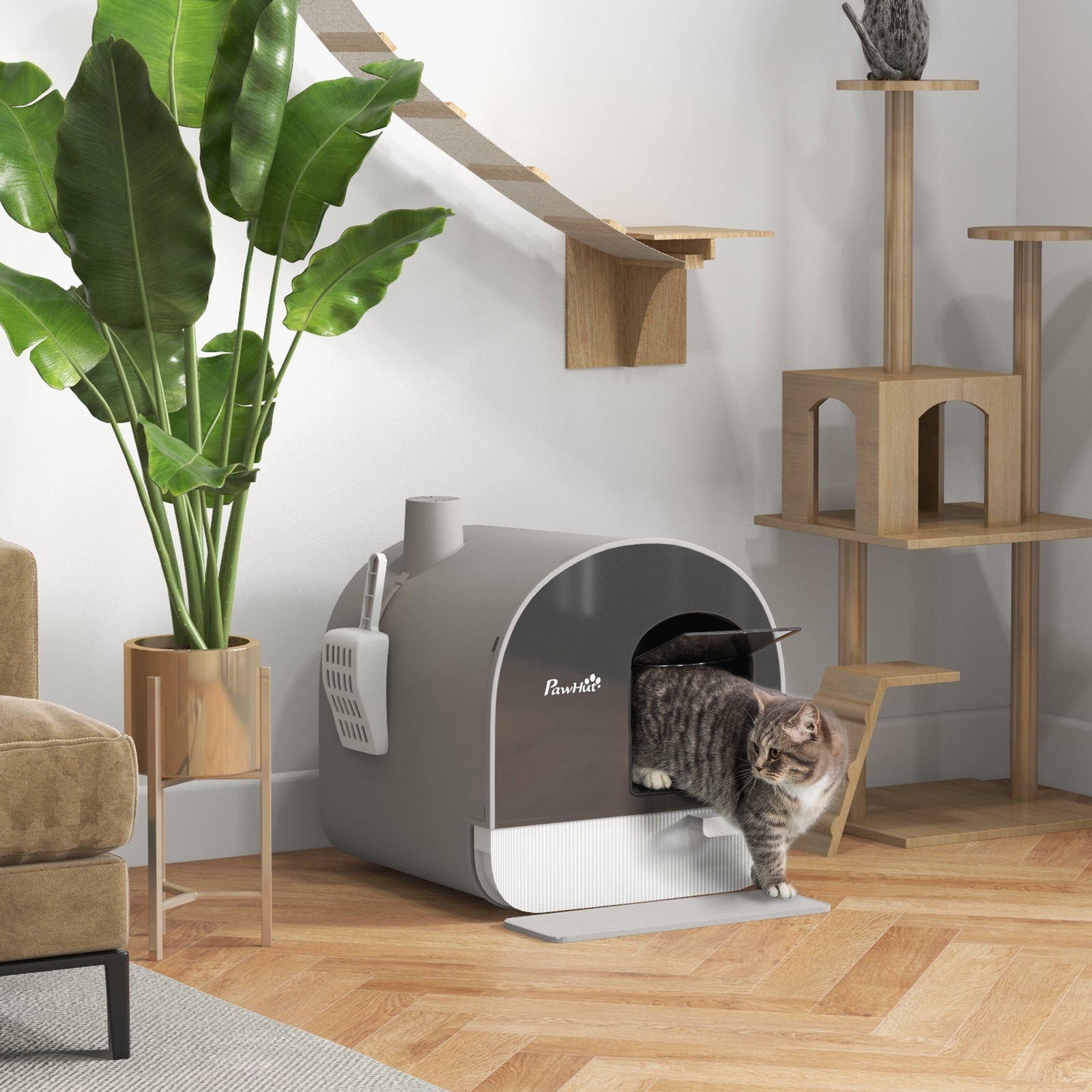 Cat Litter Box W/ Hood, Scoop, Filter, Flap Door | Gray