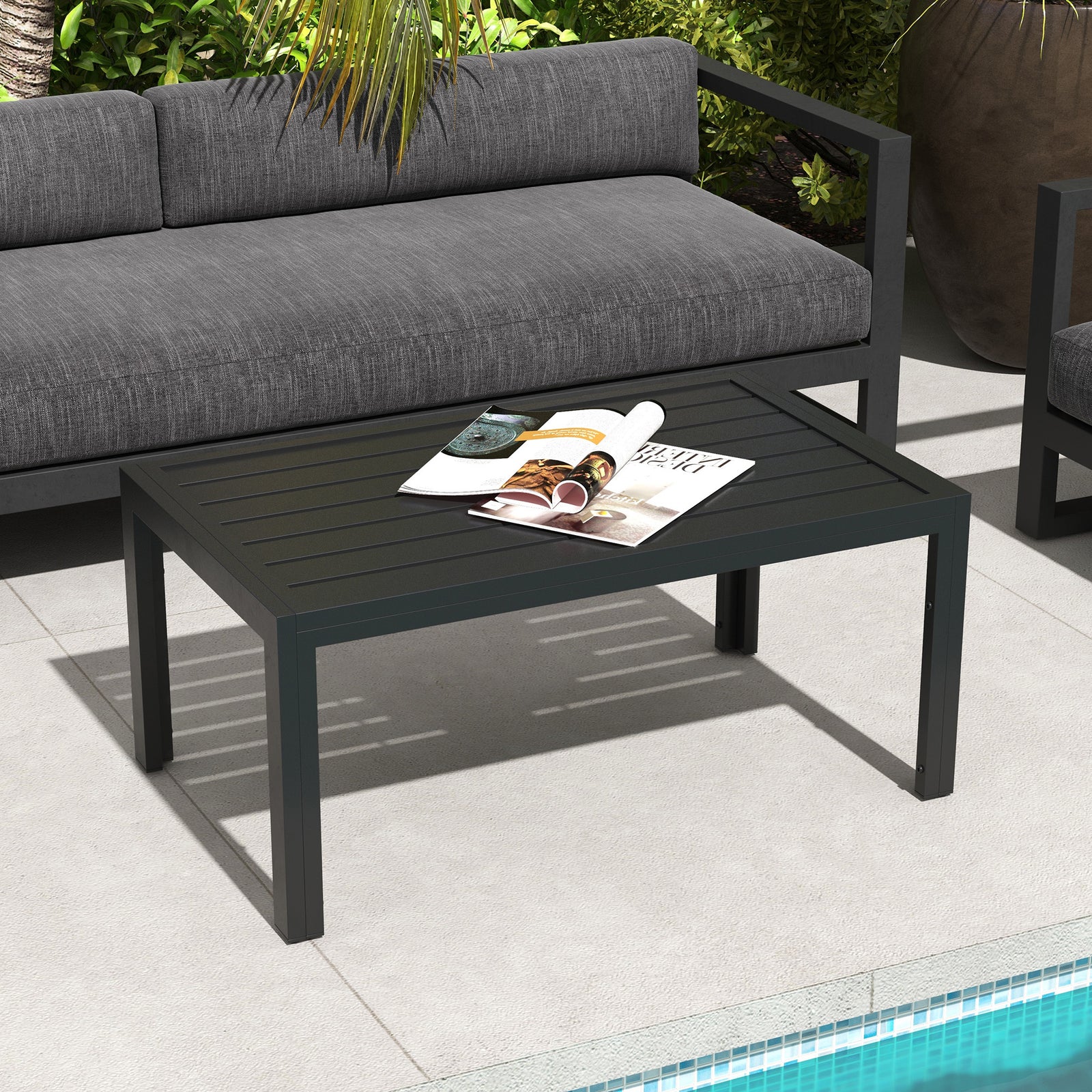 Outdoor Coffee Table Rectangle Patio Table W/ Steel Tabletop