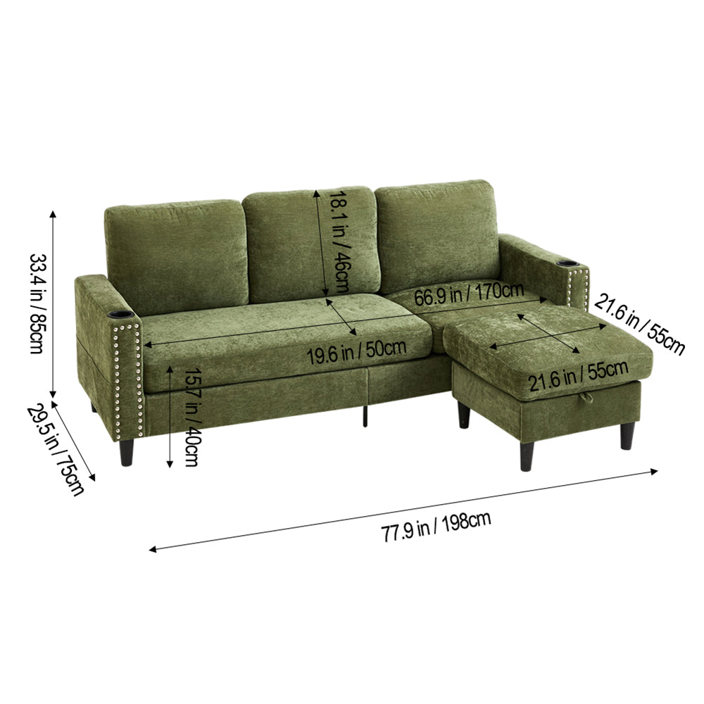 Green Polyester 3-seater Sofa With Ottoman – Vintage Metal Rivets, Cup Holders & Side Pockets, Wood & Iron Frame