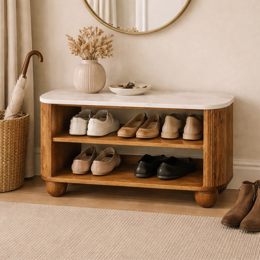 Beaumont Marble Shoe Bench, 2 Open Shelves, White and Brown
