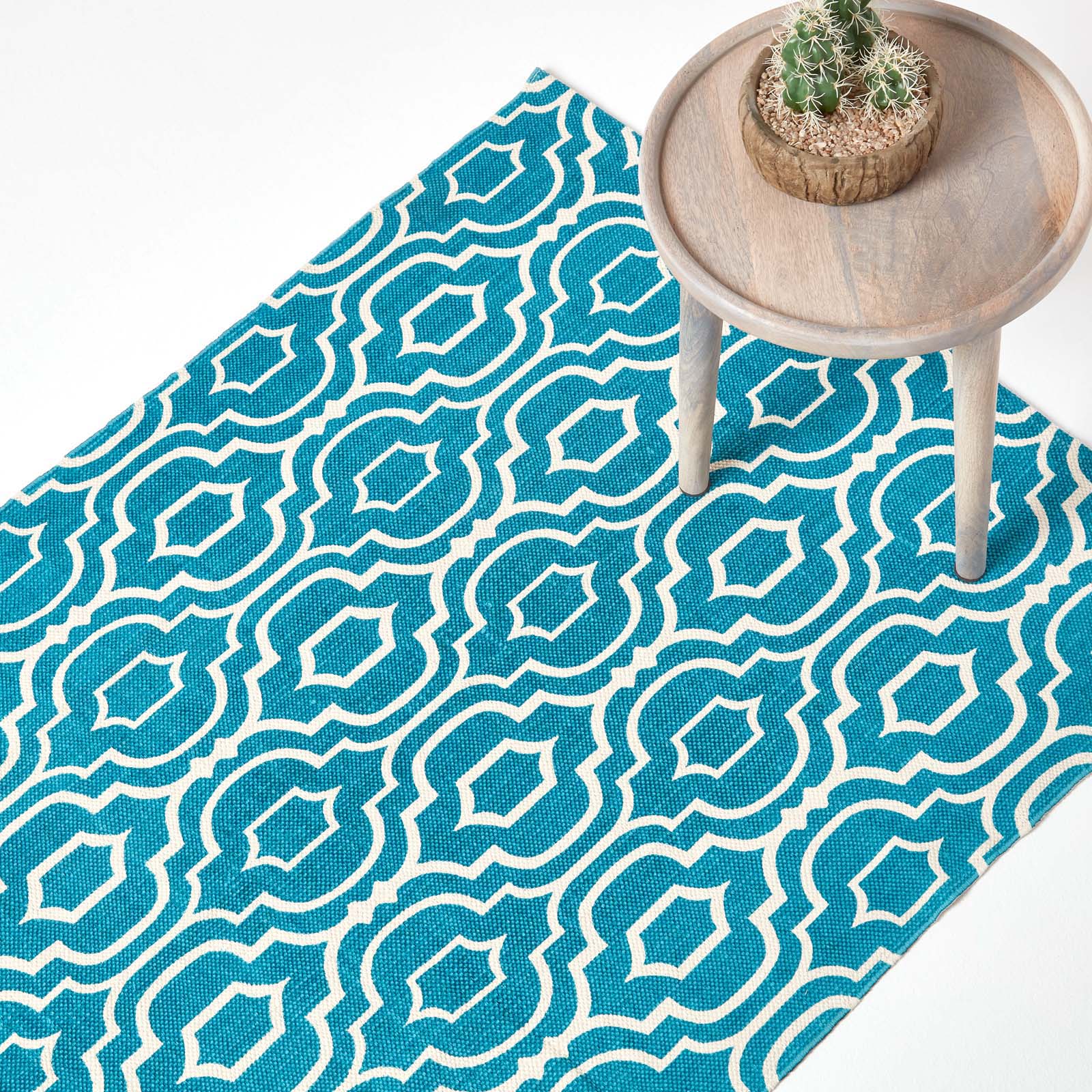 Riga 100% Cotton Printed Patterned Rug Hall Runner, 66 X 200 Cm | 150cm x 95cm | Teal