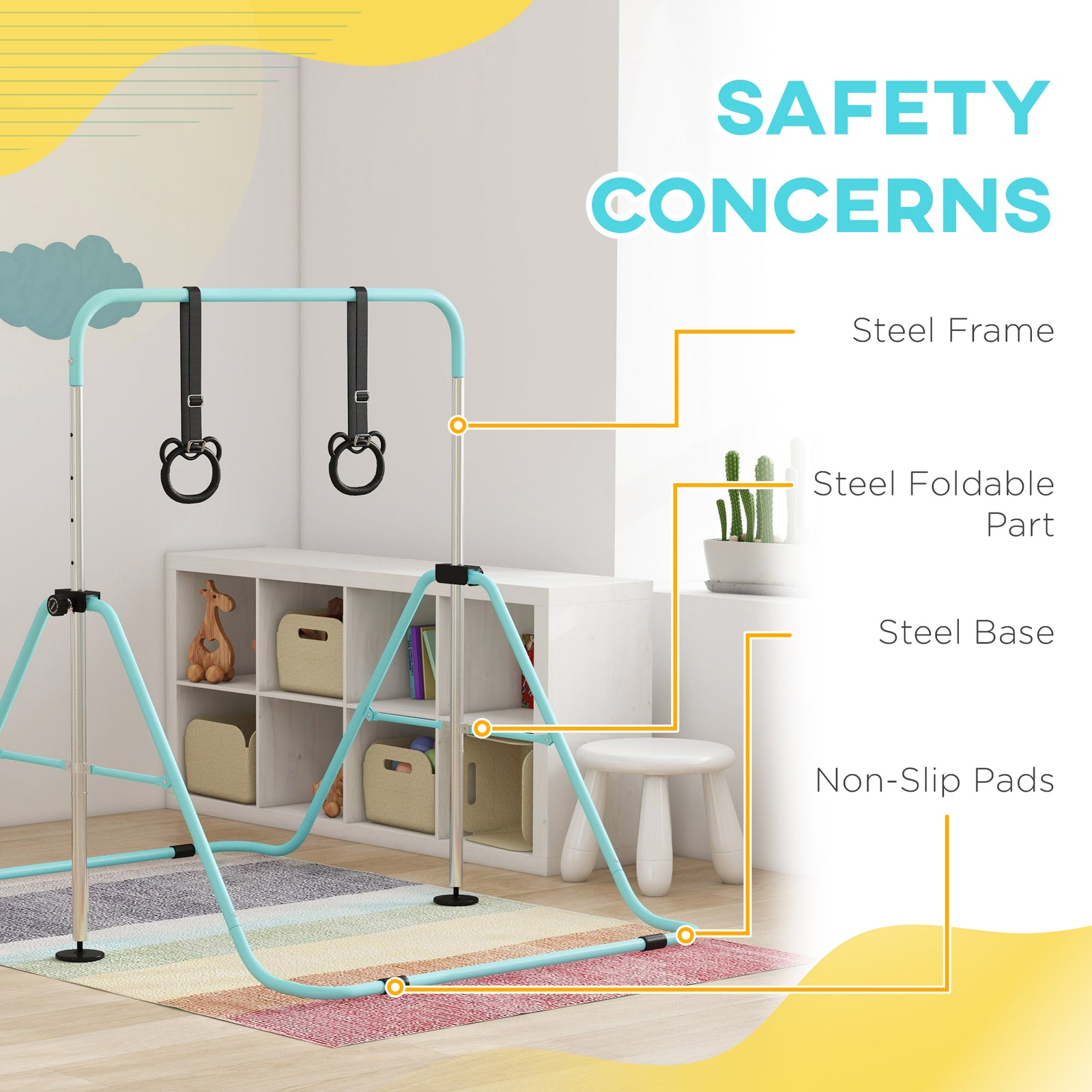 Adjustable Height Foldable Kids Gymnastics Bar With Non-slip Mats | Green