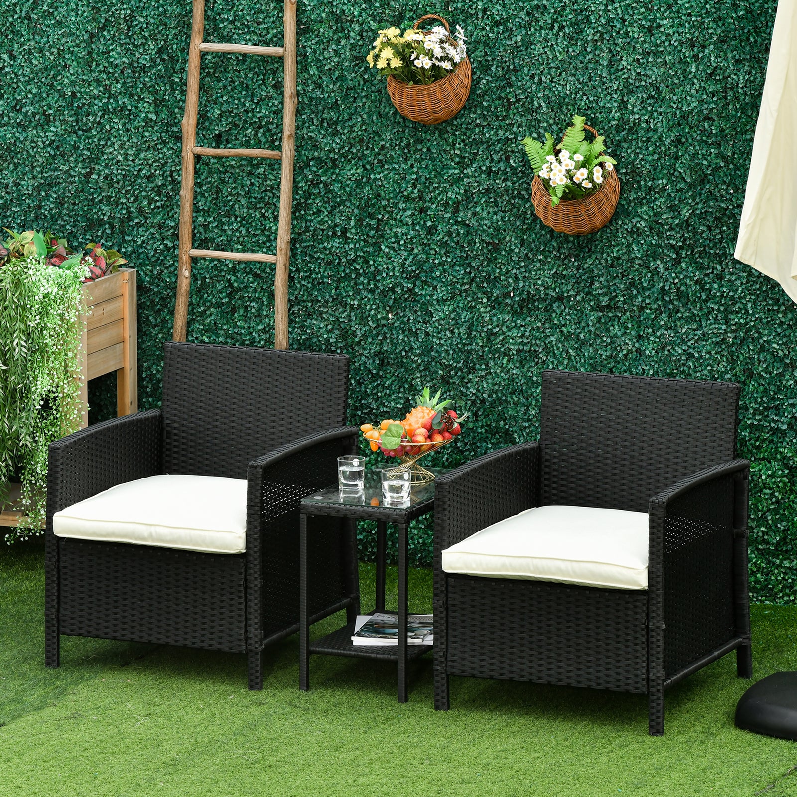 3 Pc Outdoor Rattan Sofa Set W/ Chairs Coffee Table Cushion | Black
