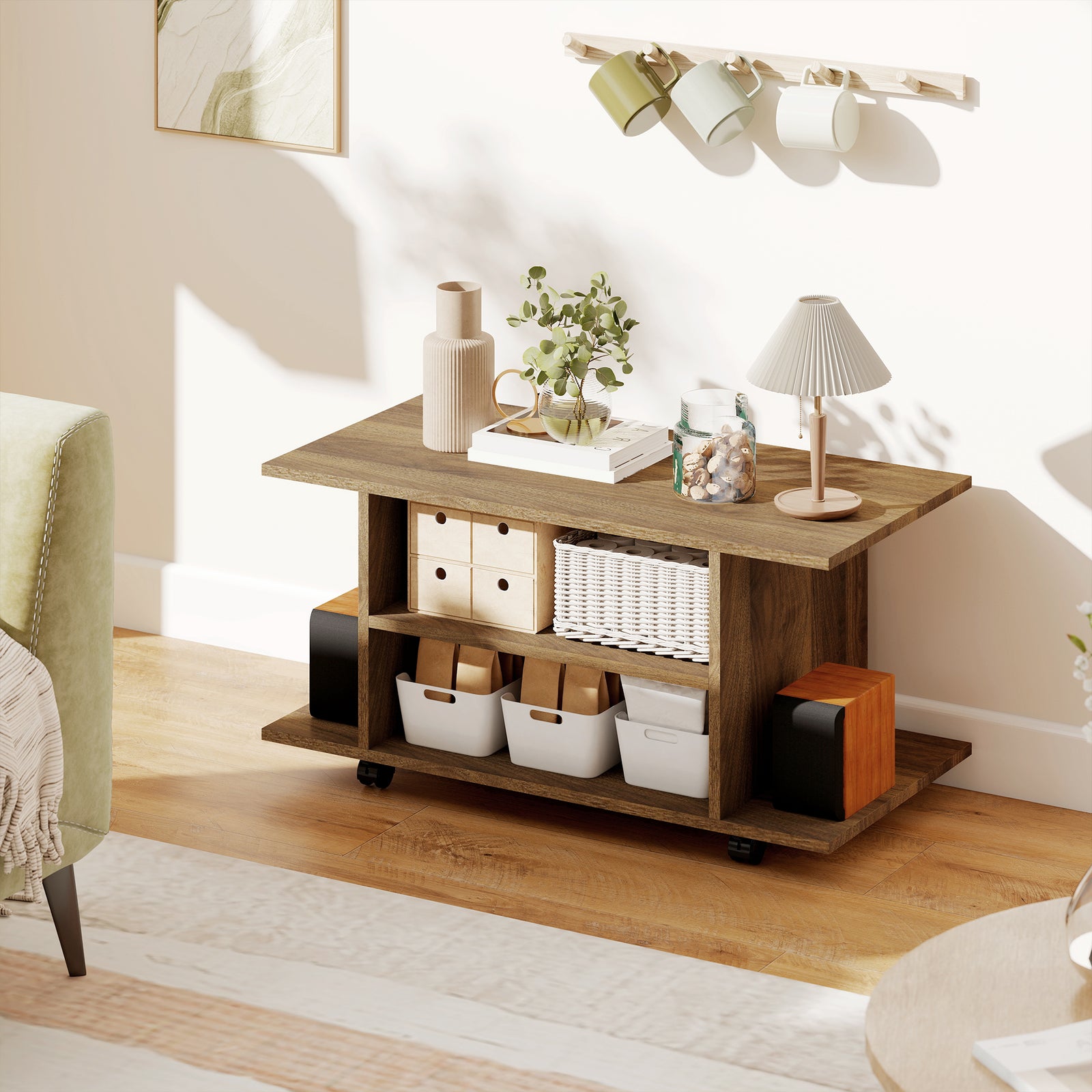 HOMCOM Modern Tv Cabinet Stand Storage Shelves Table Mobile Walnut