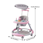 Adjustable Baby Walker With Sunshade, Foldable Walker, Multifunctional Baby Walker, Feeding Tray, Interactive Music, Toys, Wheel Safety Breaks, | Pink