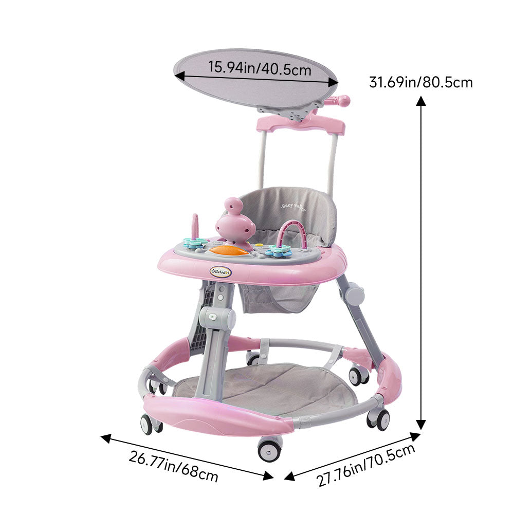 Adjustable Baby Walker With Sunshade, Foldable Walker, Multifunctional Baby Walker, Feeding Tray, Interactive Music, Toys, Wheel Safety Breaks, | Pink