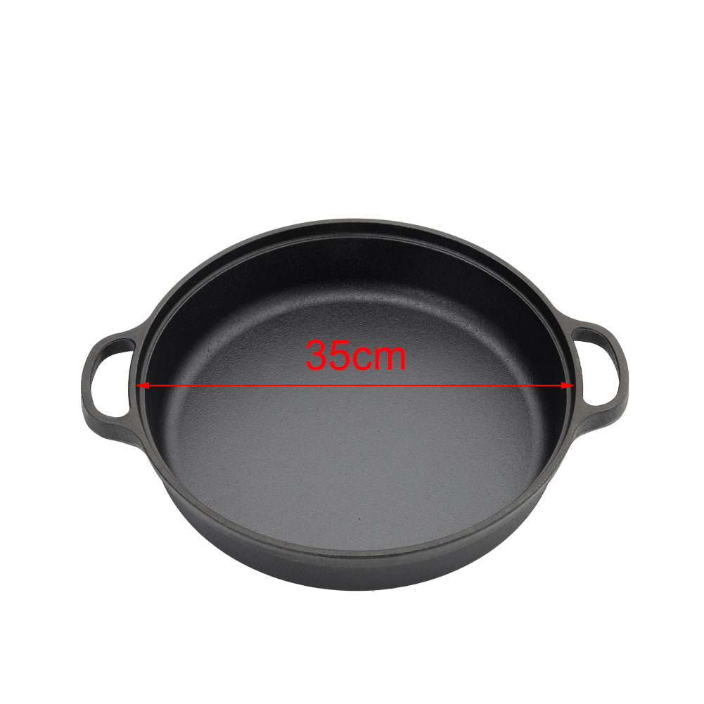 28cm/30cm/35cm Dia Black Round Pre Seasoned Cast Iron Frying Pan Kitchen Skillet With Double Handles | Large | Black