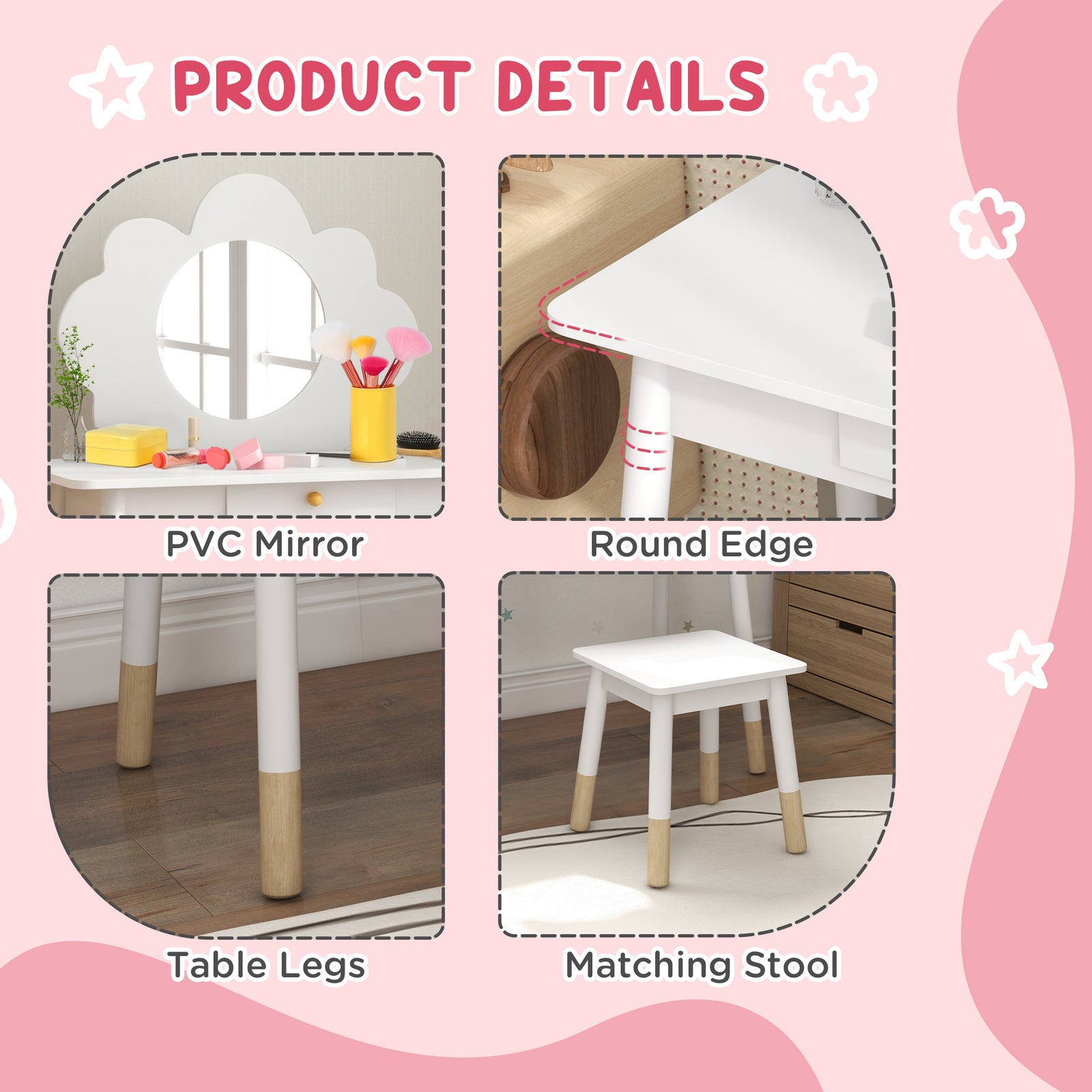 Kids Dressing Table With Mirror And Stool, Drawer, Cloud Design | White