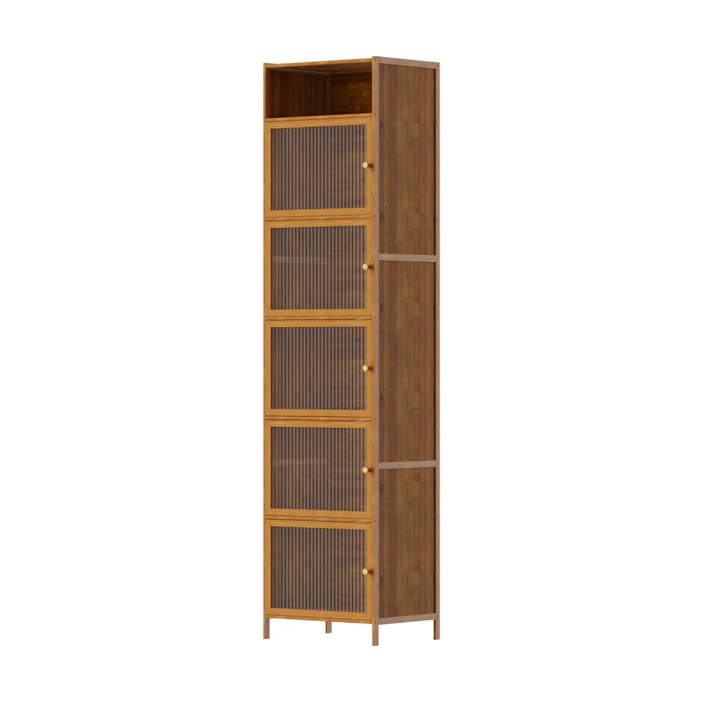 Versatile 6-tier Storage Cabinet With Transparent Doors,bamboo & Mdf Freestanding Organizer For Small Spaces