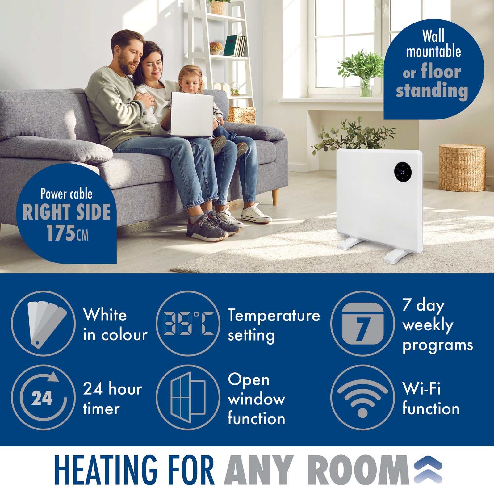 Wifi Smart Electric Radiator Panel Heater White Wall Mounted Or Floor Standing Bathroom Safe Timer And Thermostat | 600w | White