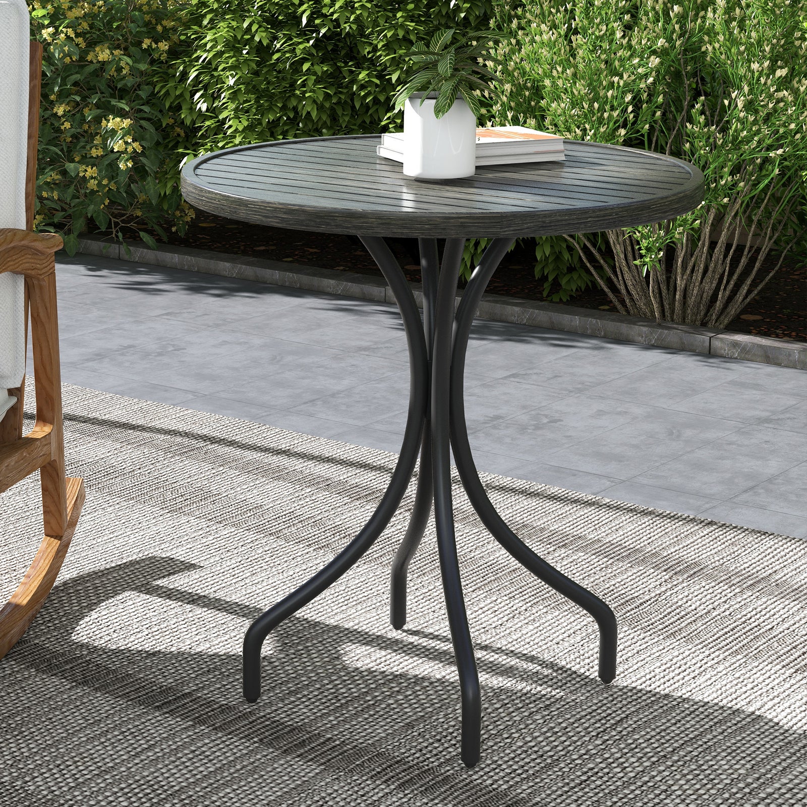 66cm Garden Table, Round Patio Table W/ Steel And Slat Top | Gray