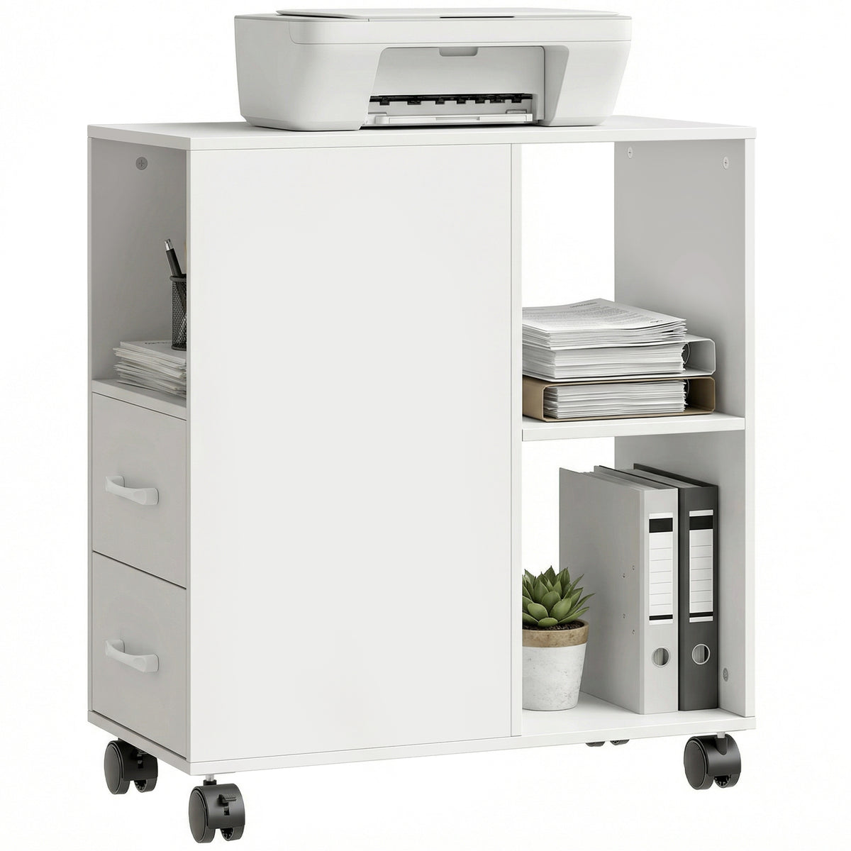 HOMCOM Mobile Printer Table With Drawers On Wheels For Home Office, White