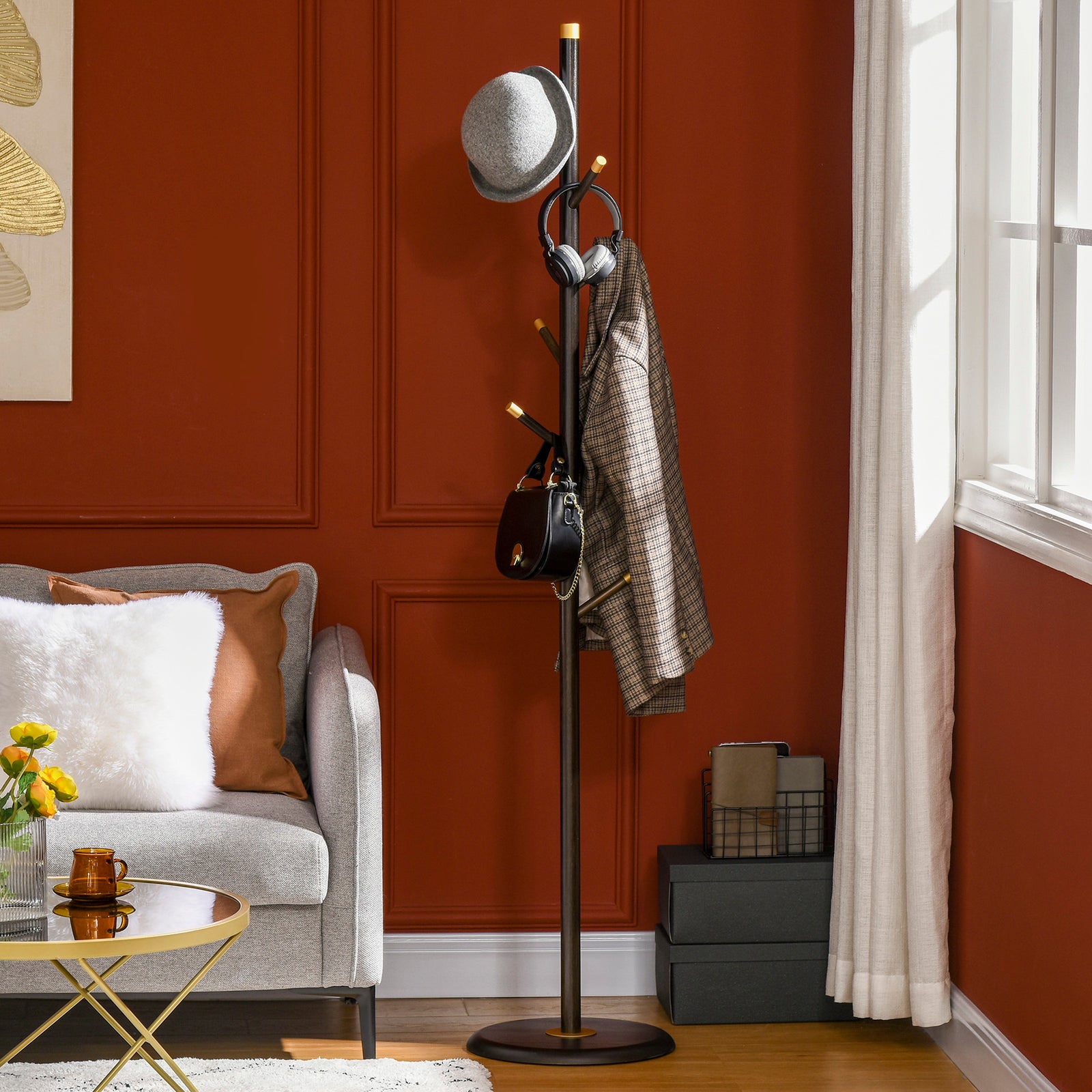 Coat Rack Bamboo Coat Stand With Round Base For Handbags