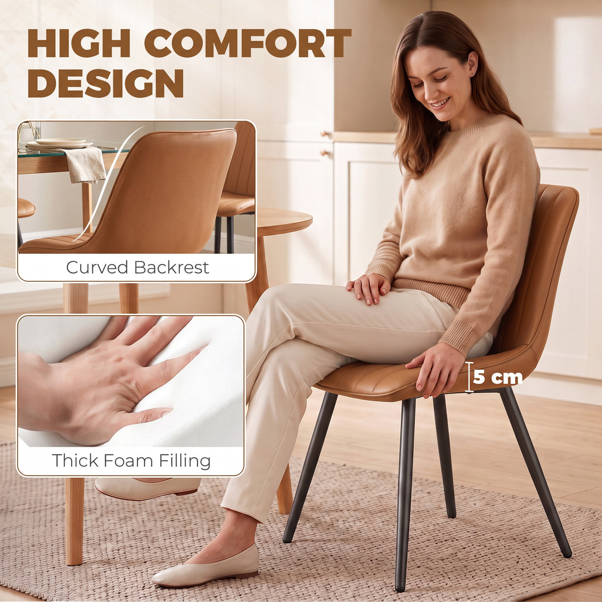 Faux Leather Upholstered Kitchen Chairs With Metal Legs | Brown