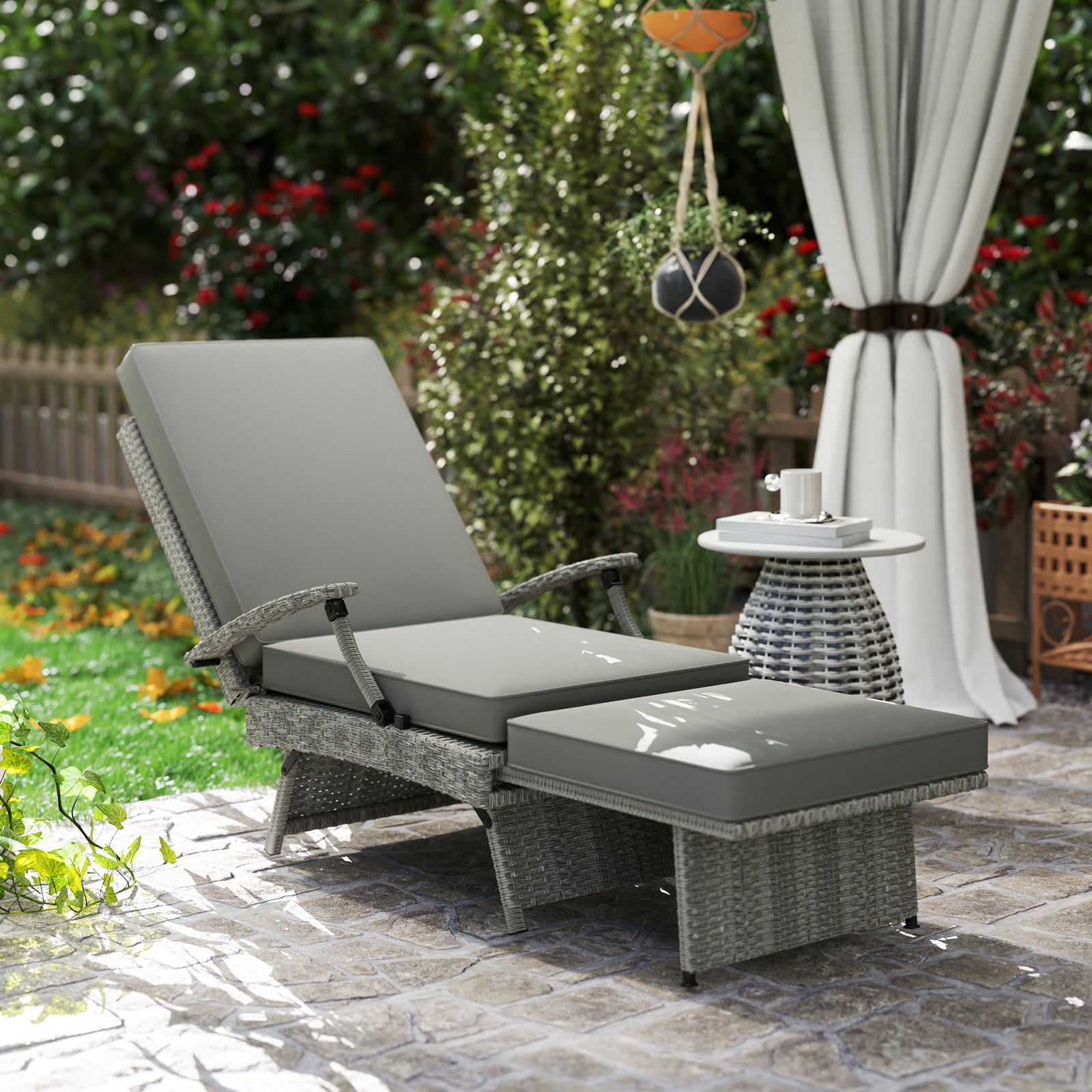 Foldable Rattan Garden Recliner Chair W/ Cushion, Footrest | Light Grey