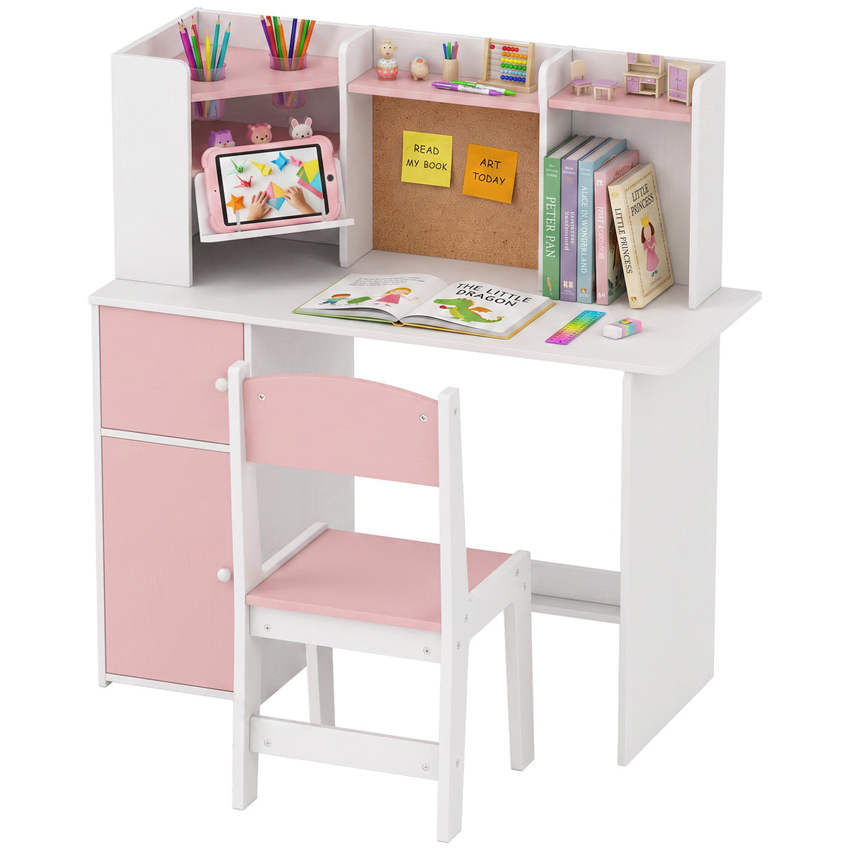 AIYAPLAY Kids Desk And Chair Set W/ Cabinets For Ages 5-12 Years, Pink